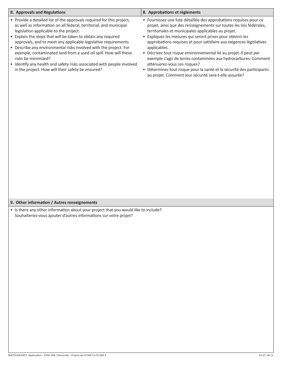 Form NWT9158 Waste Reduction and Recycling Initiative - $10k-50k Application Form - for Projects More Than $10,000 - Northwest Territories, Canada (English / French), Page 10