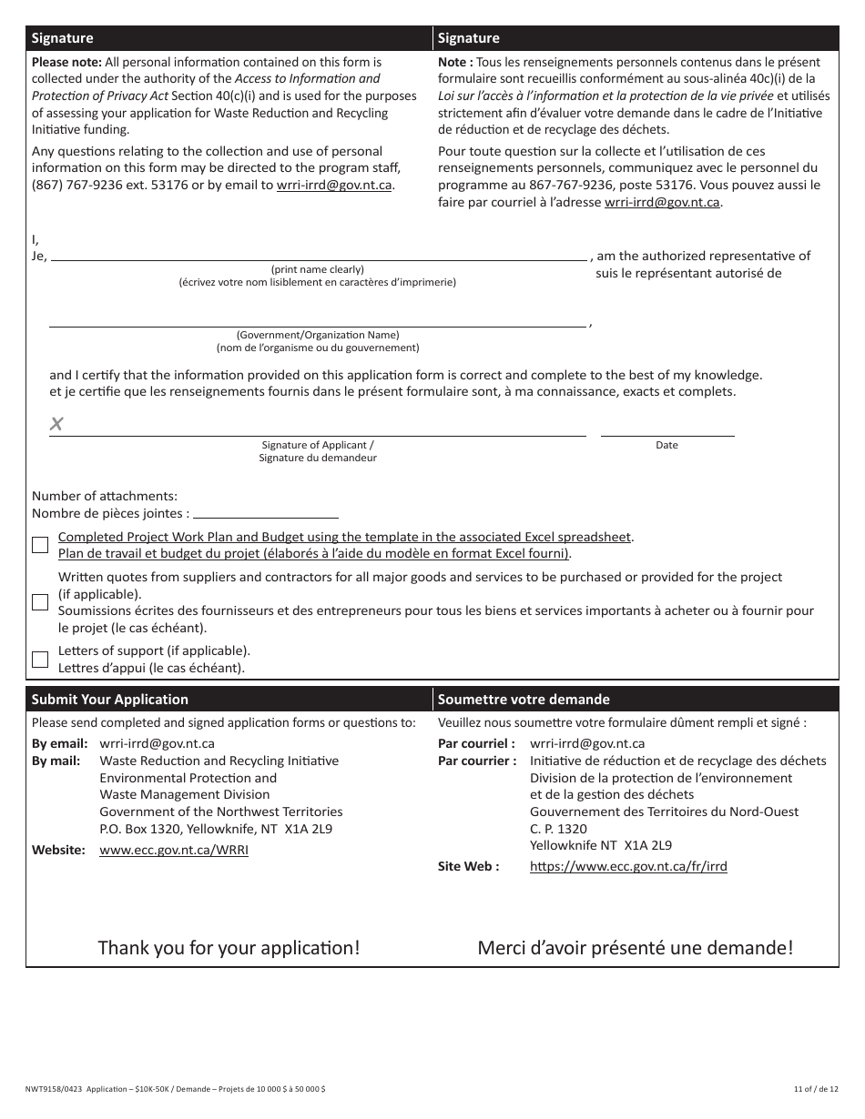 Form NWT9158 Waste Reduction and Recycling Initiative - $10k-50k Application Form - for Projects More Than $10,000 - Northwest Territories, Canada (English / French), Page 11