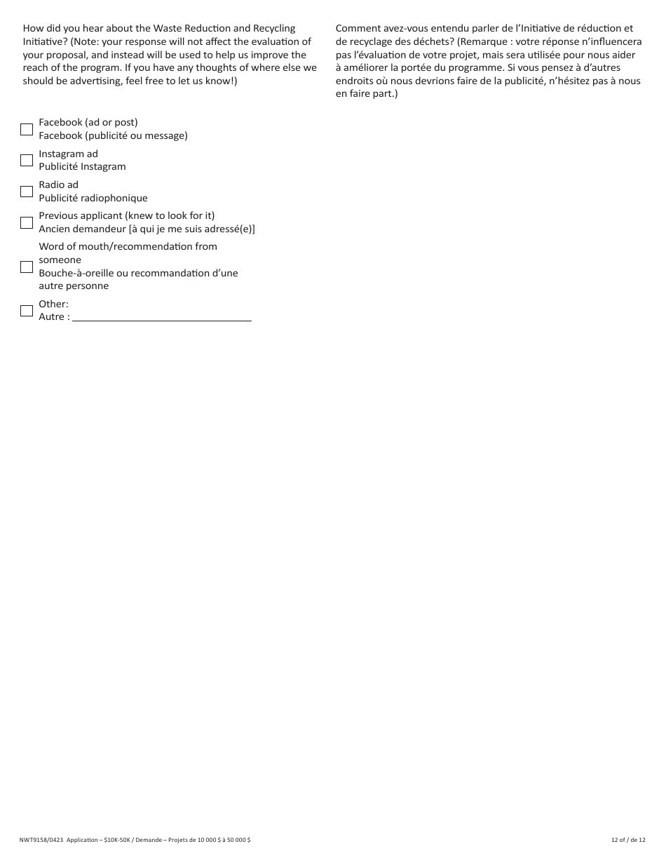 Form NWT9158 Waste Reduction and Recycling Initiative - $10k-50k Application Form - for Projects More Than $10,000 - Northwest Territories, Canada (English / French), Page 12