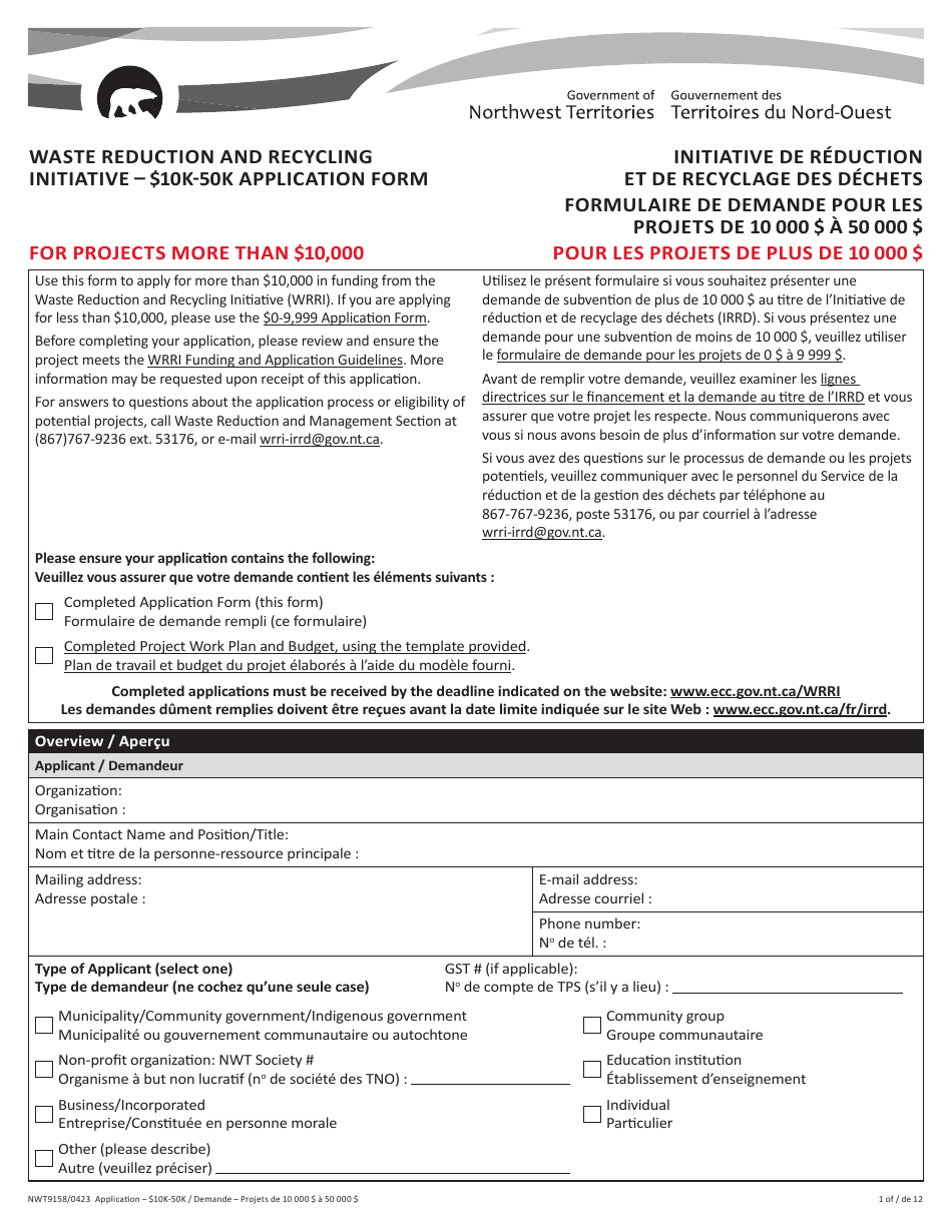 Form NWT9158 Waste Reduction and Recycling Initiative - $10k-50k Application Form - for Projects More Than $10,000 - Northwest Territories, Canada (English / French), Page 1