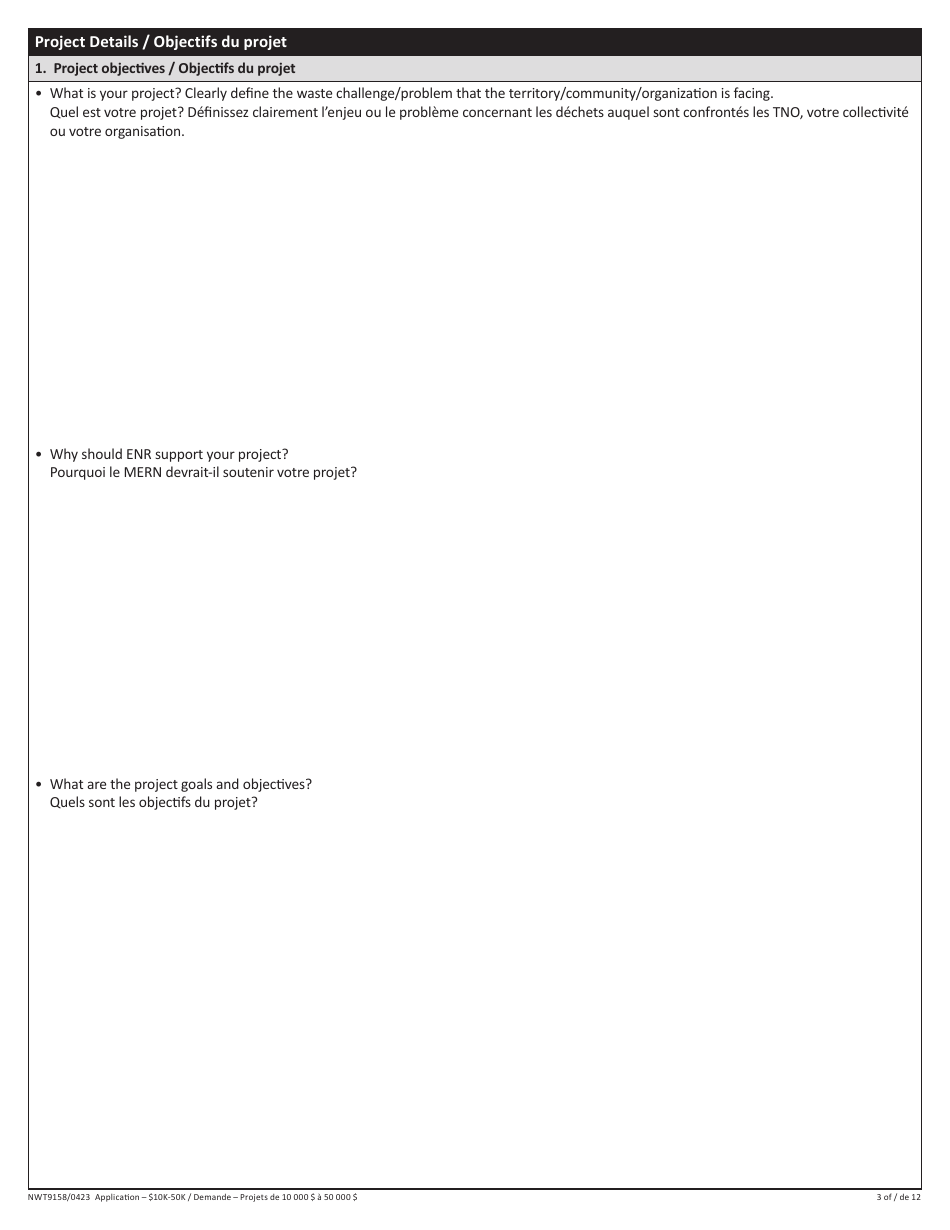 Form NWT9158 Waste Reduction and Recycling Initiative - $10k-50k Application Form - for Projects More Than $10,000 - Northwest Territories, Canada (English / French), Page 3