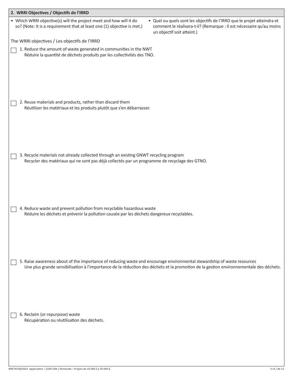 Form NWT9158 Waste Reduction and Recycling Initiative - $10k-50k Application Form - for Projects More Than $10,000 - Northwest Territories, Canada (English / French), Page 5