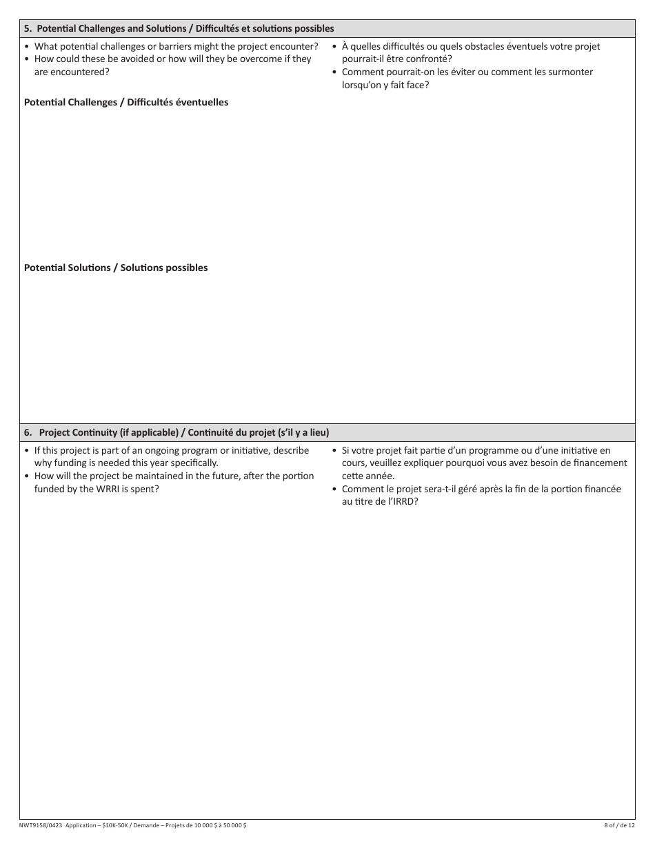 Form NWT9158 Waste Reduction and Recycling Initiative - $10k-50k Application Form - for Projects More Than $10,000 - Northwest Territories, Canada (English / French), Page 8