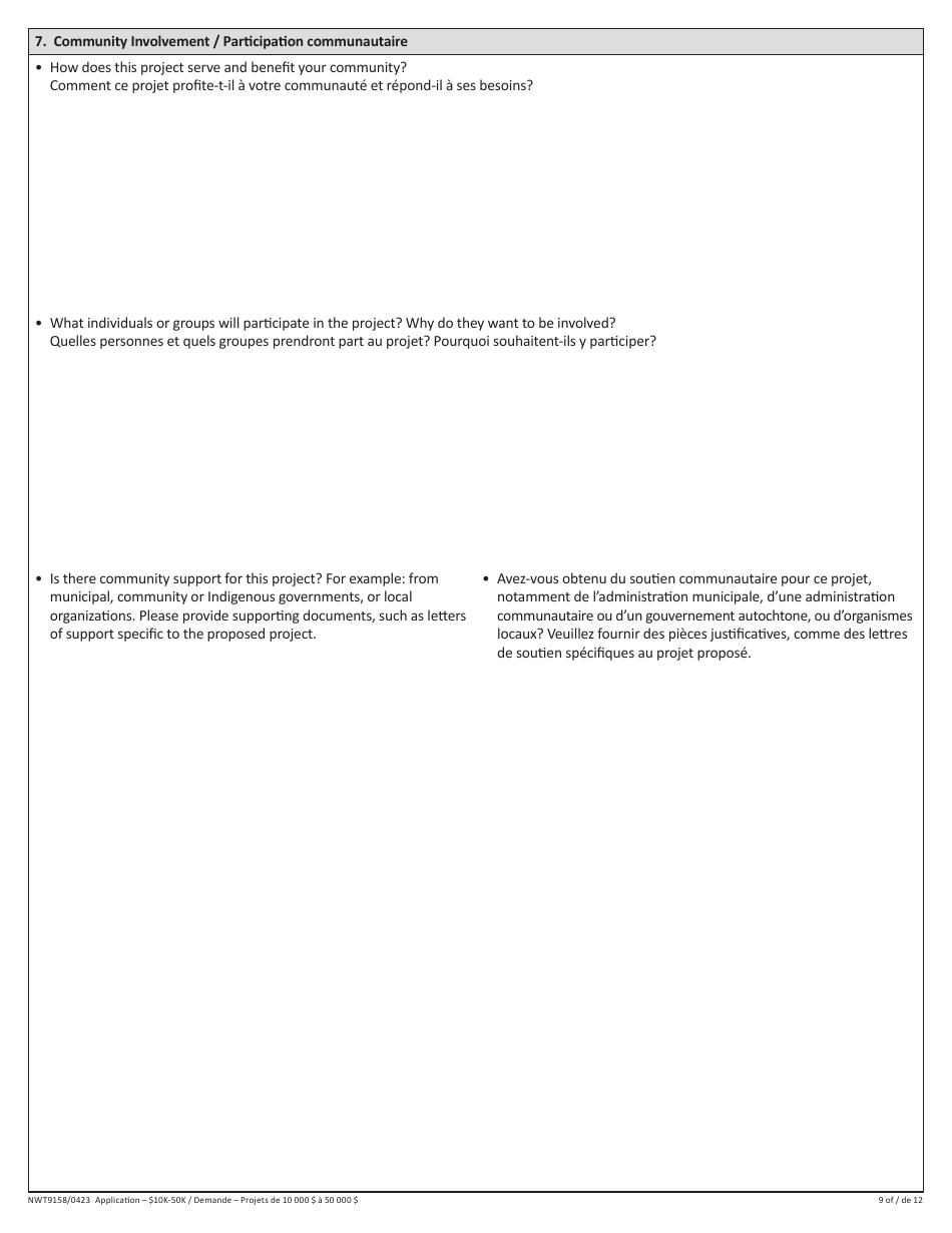 Form NWT9158 Waste Reduction and Recycling Initiative - $10k-50k Application Form - for Projects More Than $10,000 - Northwest Territories, Canada (English / French), Page 9