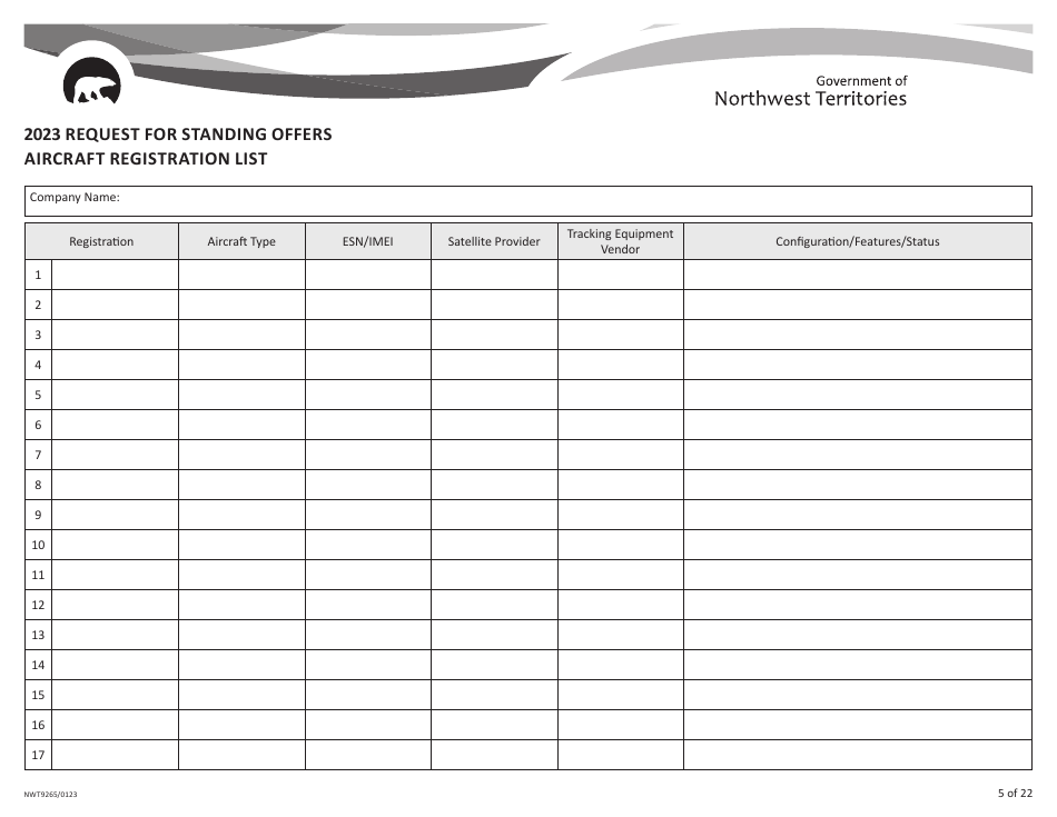 Form NWT9265 Request for Standing Offers Aircraft Registration List - Northwest Territories, Canada, Page 1