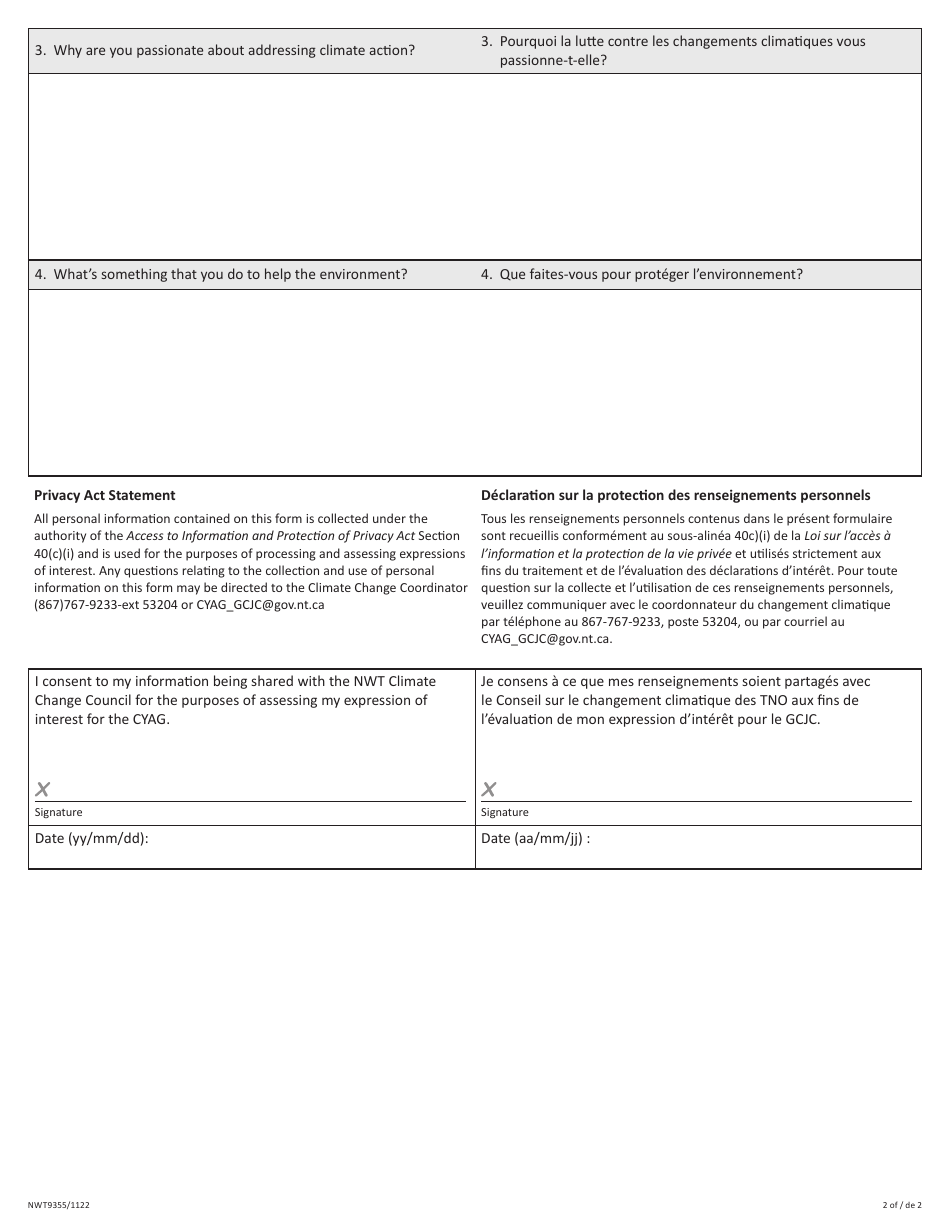 Form NWT9355 Climate Youth Advisory Group Application Form - Northwest Territories, Canada (English / French), Page 2