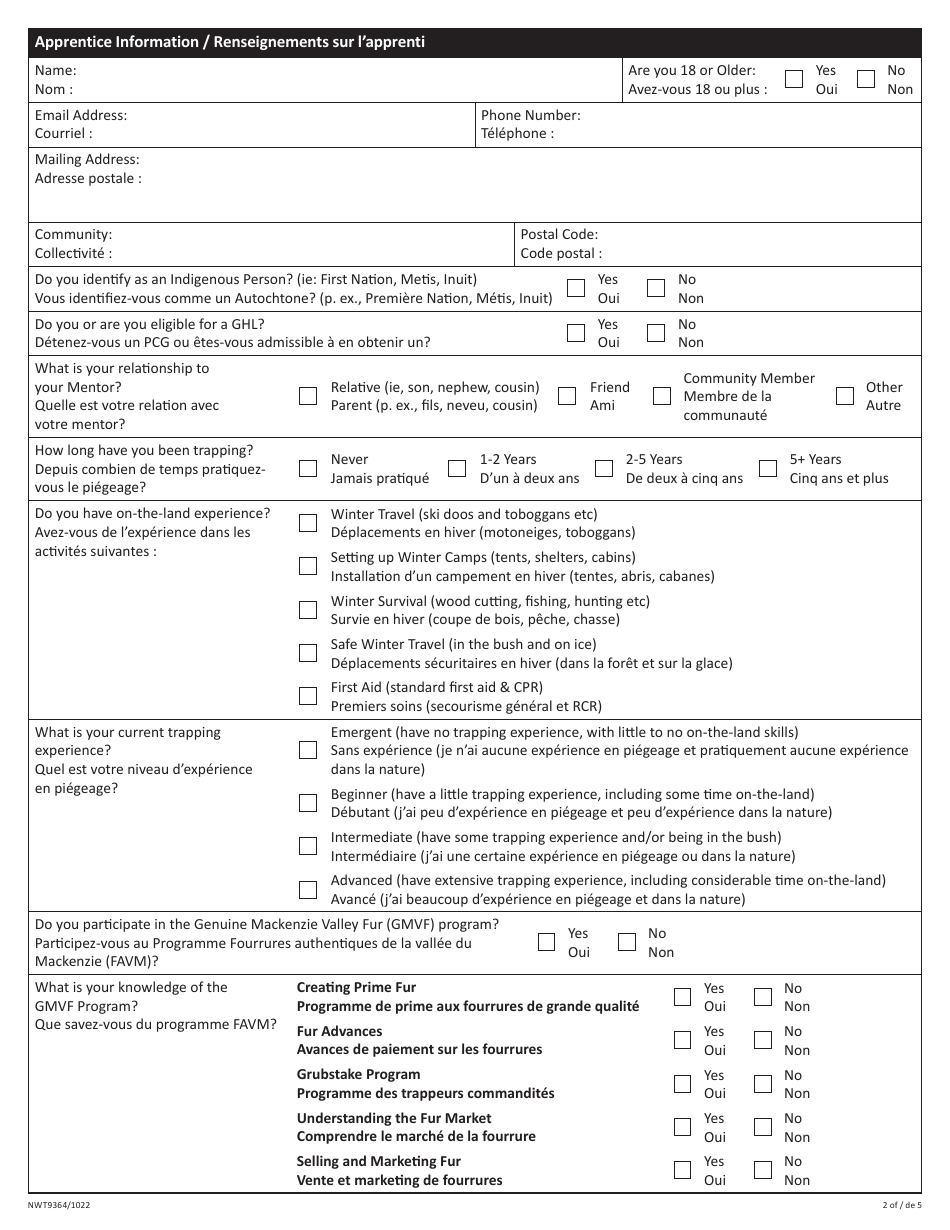 Form NWT9364 Trapper Mentorship Program Application - Northwest Territories, Canada (English / French), Page 2