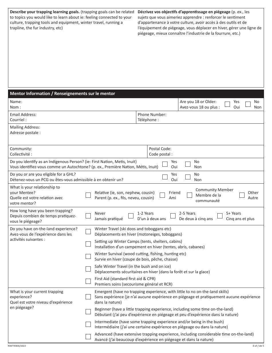 Form NWT9364 Trapper Mentorship Program Application - Northwest Territories, Canada (English / French), Page 3