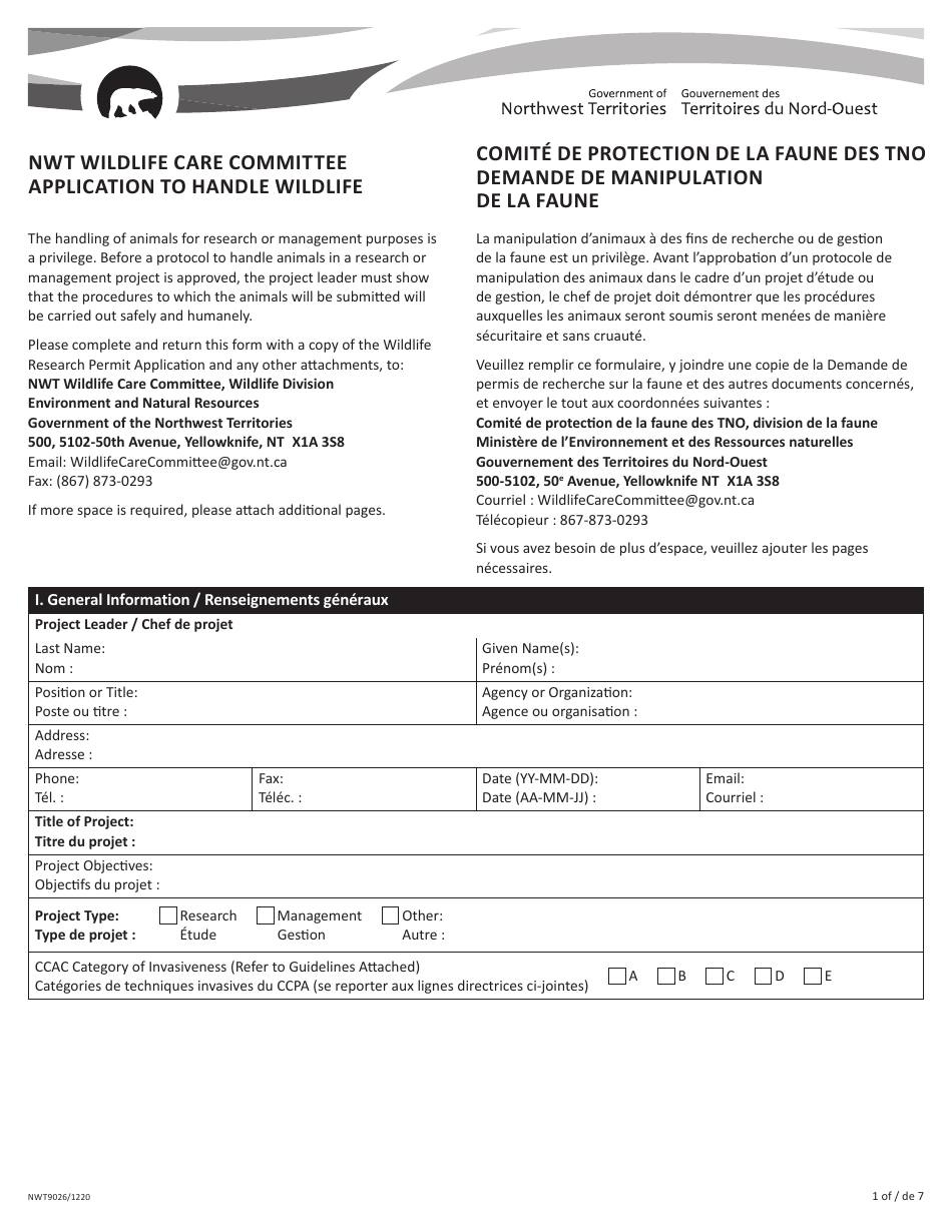 Form NWT9026 Application to Handle Wildlife - Northwest Territories, Canada (English / French), Page 1