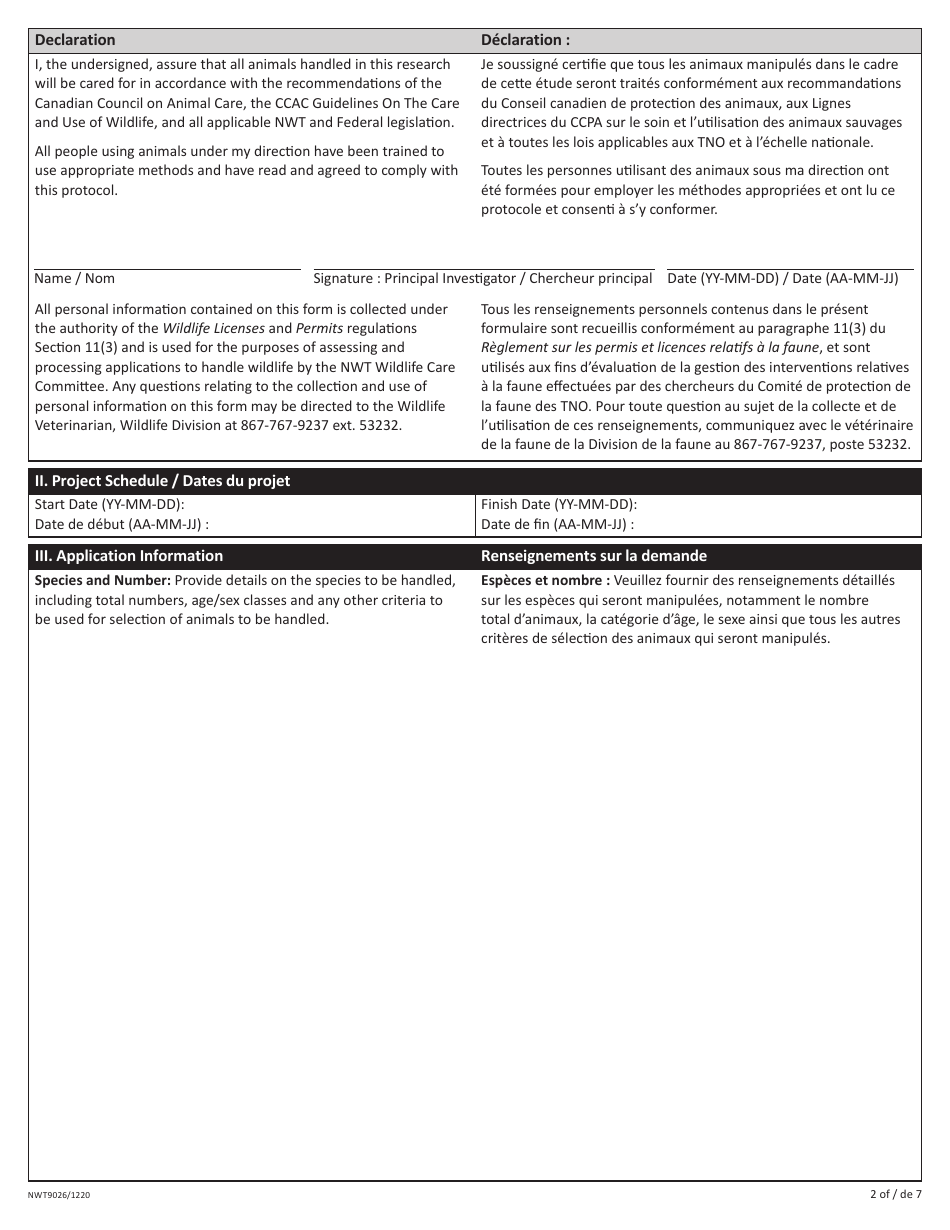 Form NWT9026 Application to Handle Wildlife - Northwest Territories, Canada (English / French), Page 2