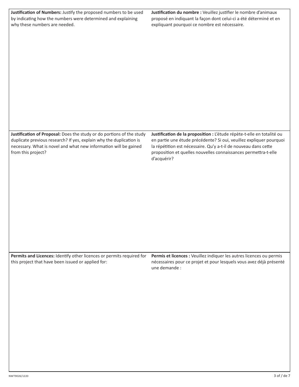 Form NWT9026 Application to Handle Wildlife - Northwest Territories, Canada (English / French), Page 3