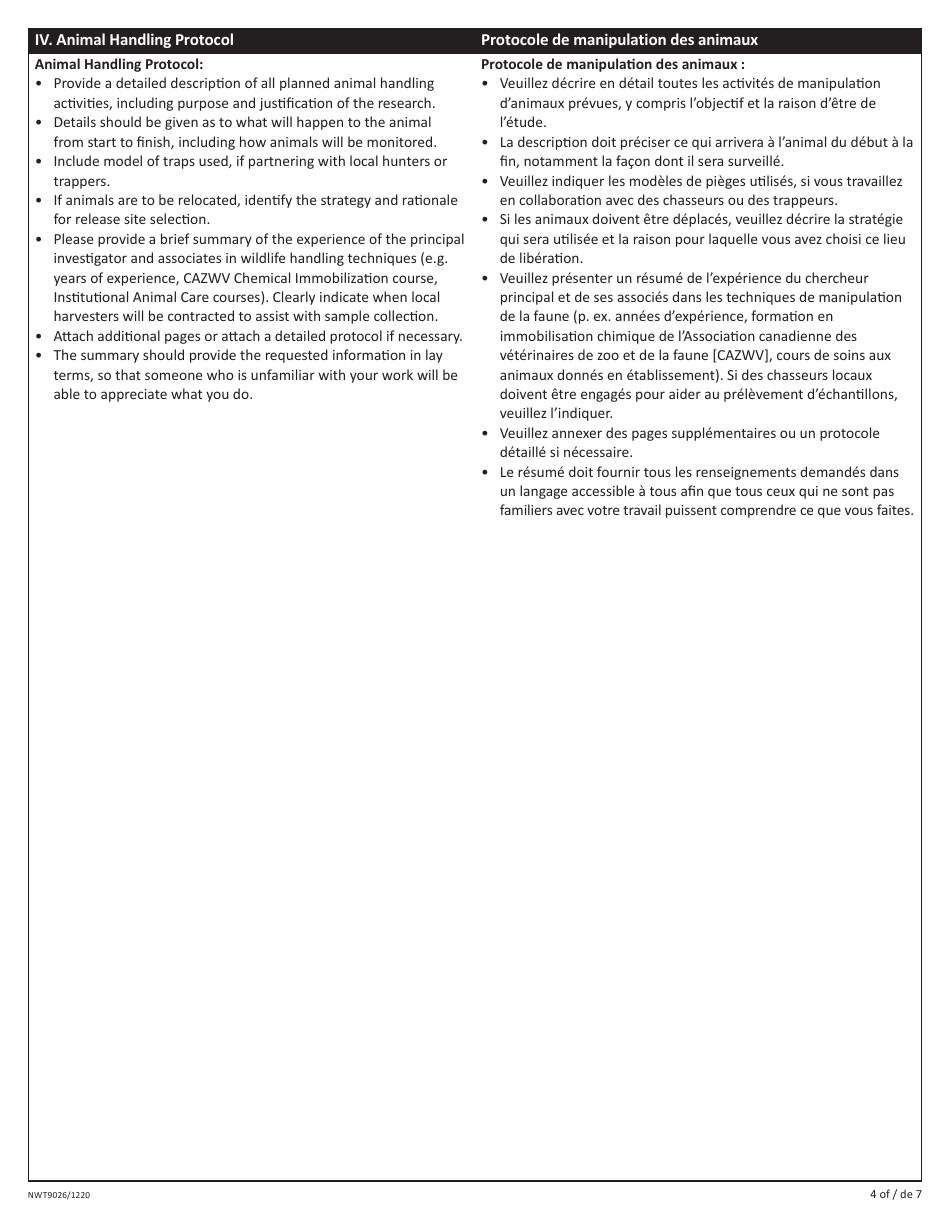 Form NWT9026 Application to Handle Wildlife - Northwest Territories, Canada (English / French), Page 4