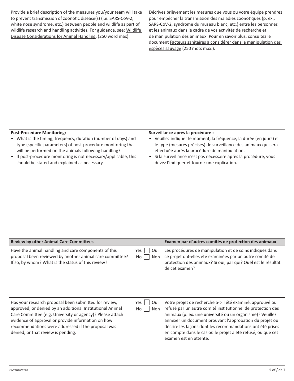 Form NWT9026 Application to Handle Wildlife - Northwest Territories, Canada (English / French), Page 5