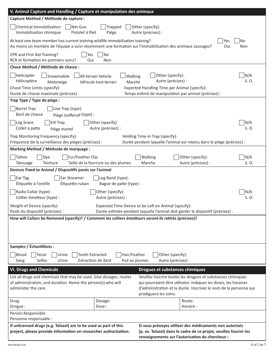 Form NWT9026 Application to Handle Wildlife - Northwest Territories, Canada (English / French), Page 6
