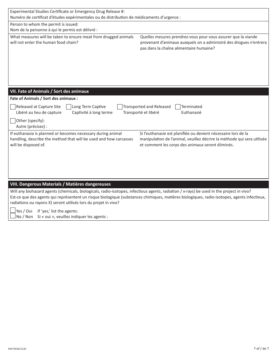 Form NWT9026 Application to Handle Wildlife - Northwest Territories, Canada (English / French), Page 7