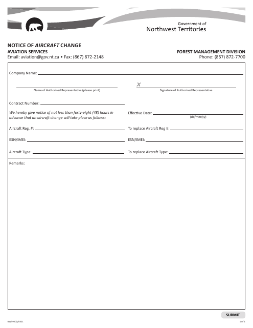 Form NWT9202 Notice of Aircraft Change - Aviation Services - Northwest Territories, Canada