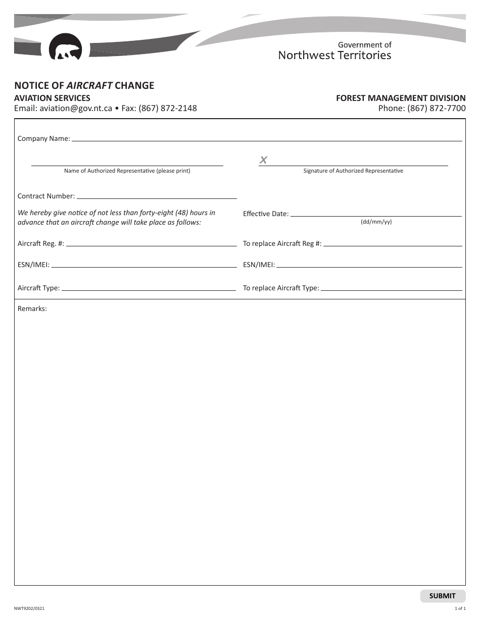 Form NWT9202 Notice of Aircraft Change - Aviation Services - Northwest Territories, Canada, Page 1