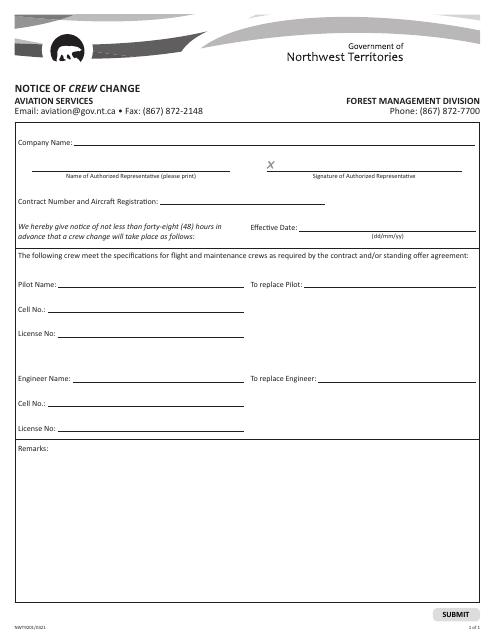 Form NWT9201 Notice of Crew Change - Aviation Services - Northwest Territories, Canada