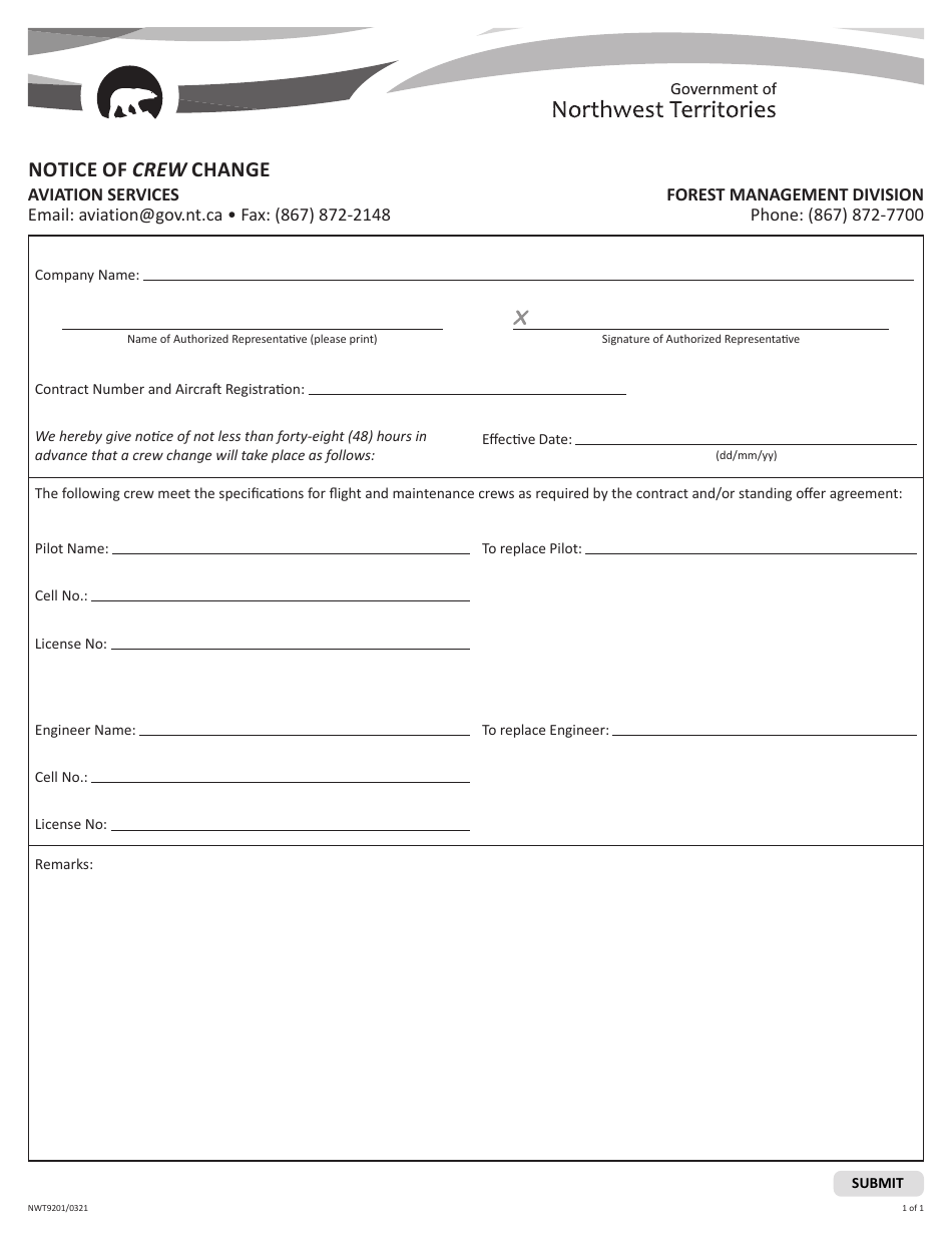 Form NWT9201 Notice of Crew Change - Aviation Services - Northwest Territories, Canada, Page 1