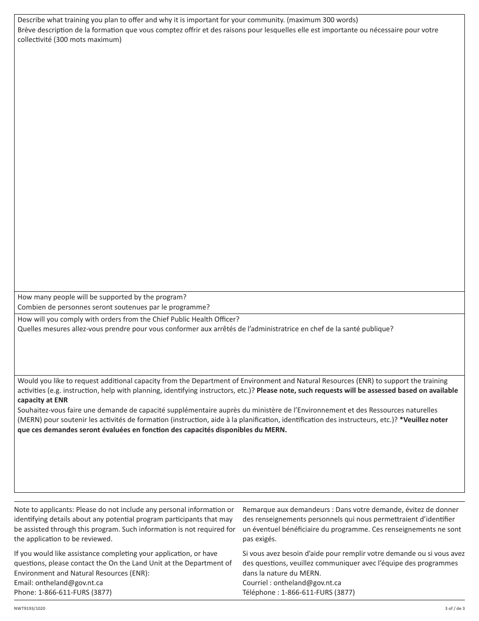 Form NWT9193 Covid Regional Harvesting, Training and Mentorship Support Program Application Form - Northwest Territories, Canada (English / French), Page 3