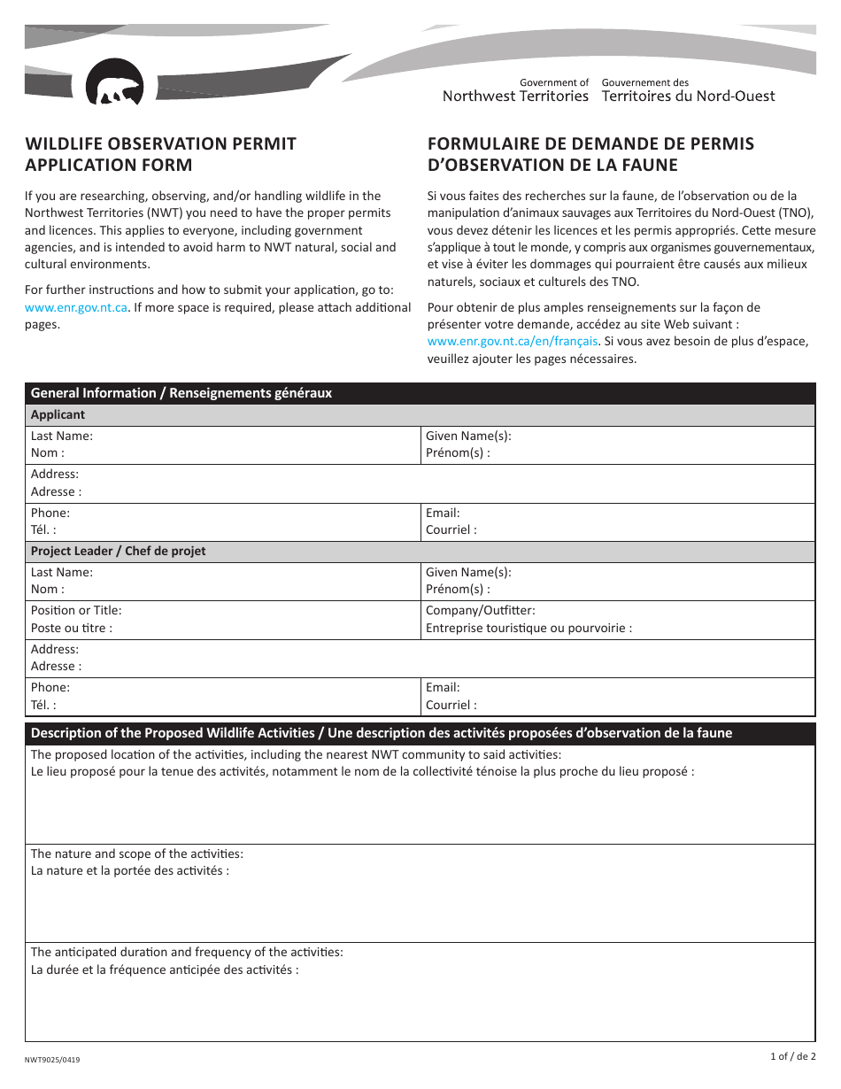 Form NWT9025 Wildlife Observation Permit Application Form - Northwest Territories, Canada (English / French), Page 1