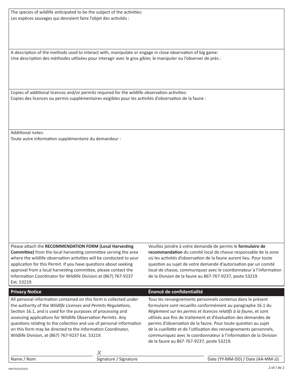 Form NWT9025 Wildlife Observation Permit Application Form - Northwest Territories, Canada (English / French), Page 2