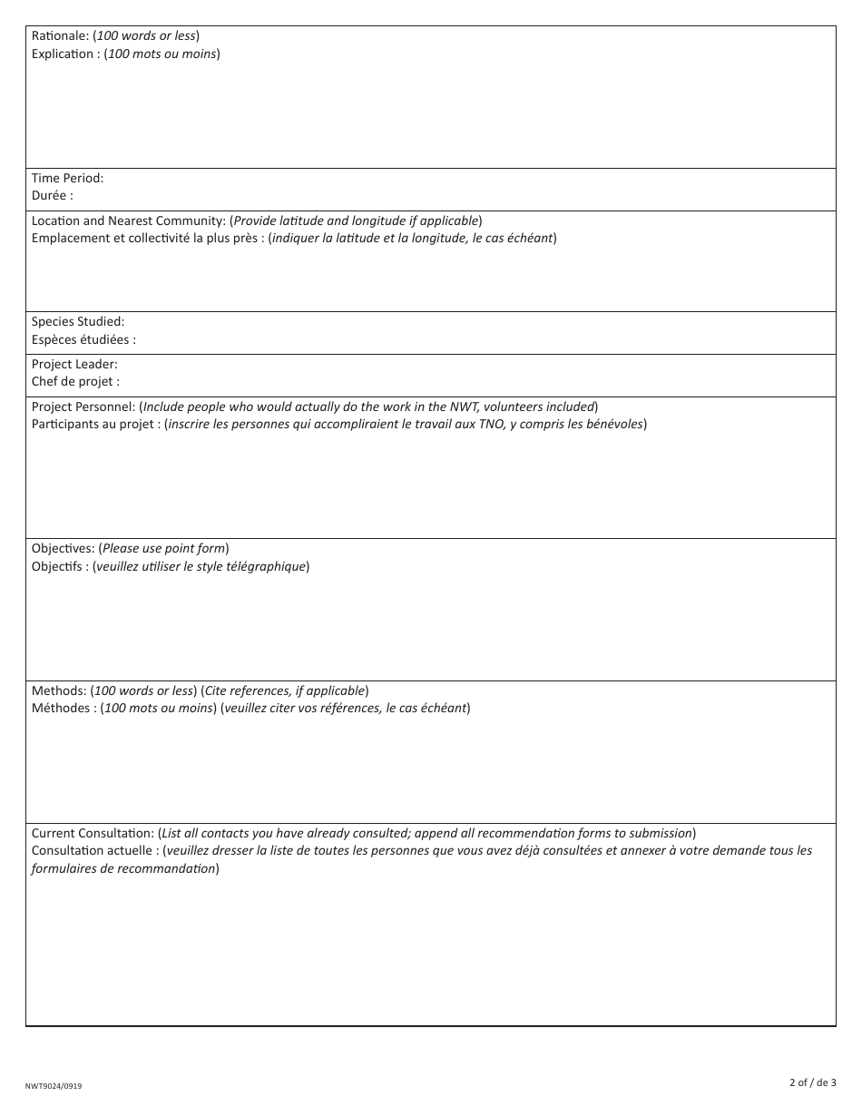 Form NWT9024 Wildlife Research Permit Application Form - Northwest Territories, Canada (English / French), Page 2