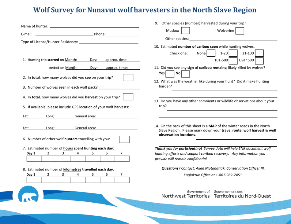 Wolf Survey for Nunavut Wolf Harvesters in the North Slave Region - Northwest Territories, Canada, Page 1