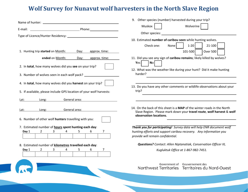 Wolf Survey for Nunavut Wolf Harvesters in the North Slave Region - Northwest Territories, Canada Download Pdf