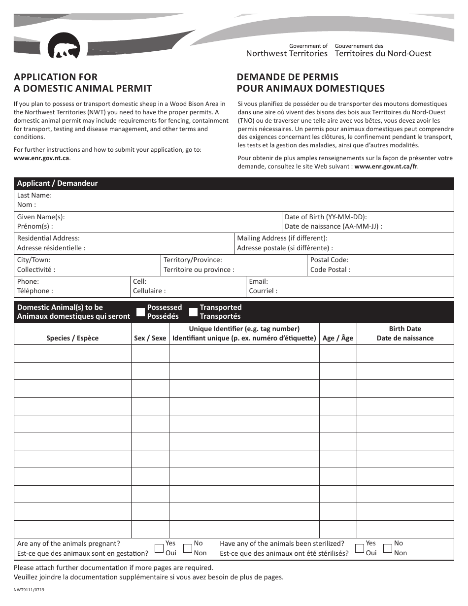 Form NWT9111 Application for a Domestic Animal Permit - Northwest Territories, Canada (English / French), Page 1
