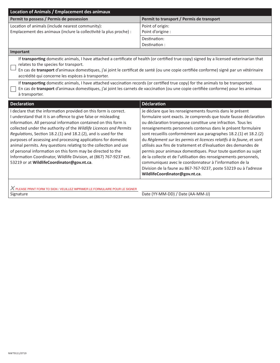 Form NWT9111 Application for a Domestic Animal Permit - Northwest Territories, Canada (English / French), Page 2