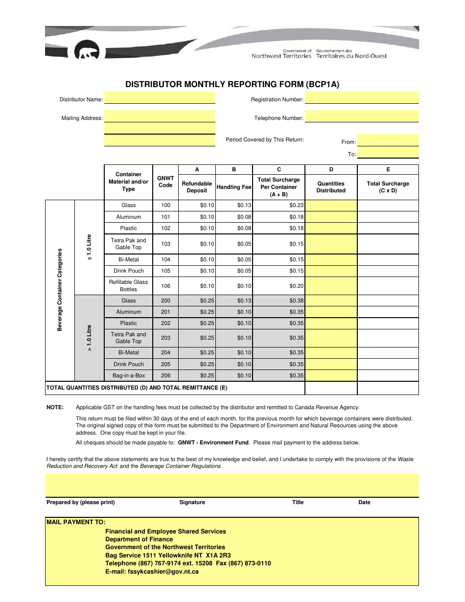 Form BCP1A Distributor Monthly Reporting Form - Northwest Territories, Canada, Page 1