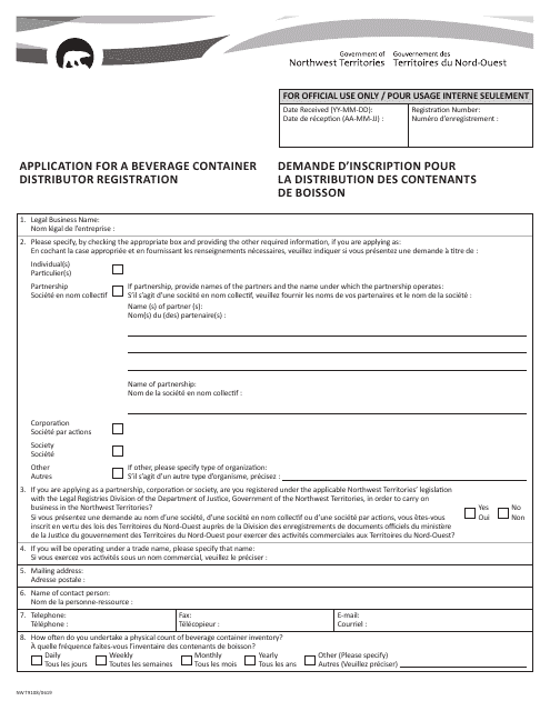 Form NWT9108 Application for a Beverage Container Distributor Registration - Northwest Territories, Canada (English/French)