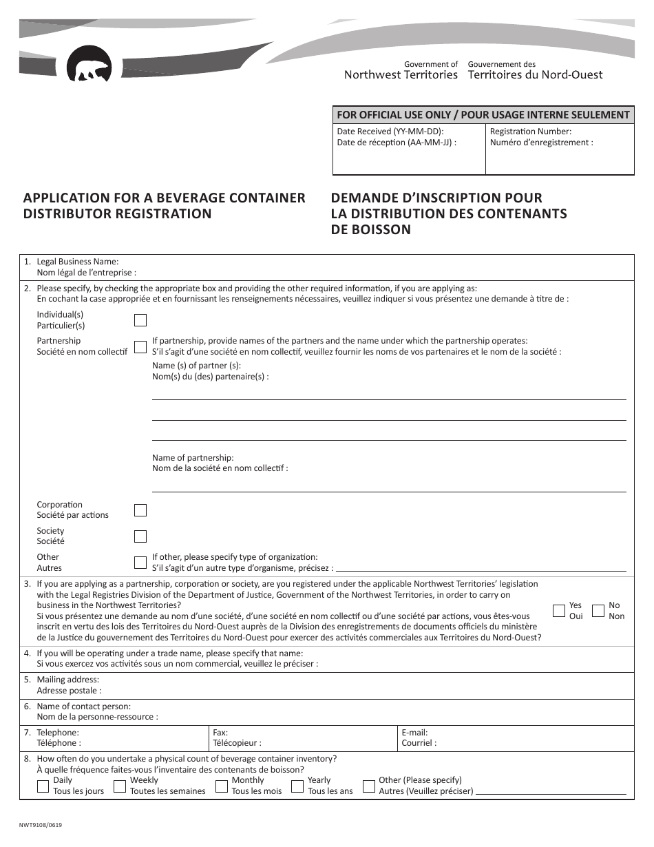 Form NWT9108 Application for a Beverage Container Distributor Registration - Northwest Territories, Canada (English / French), Page 1