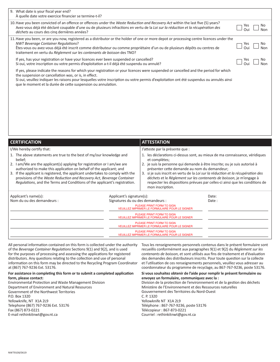 Form NWT9108 Application for a Beverage Container Distributor Registration - Northwest Territories, Canada (English / French), Page 2