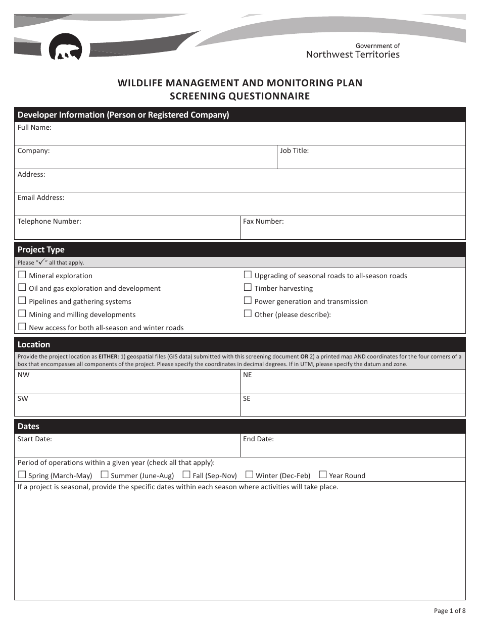 Wildlife Management and Monitoring Plan Screening Questionnaire - Northwest Territories, Canada, Page 3