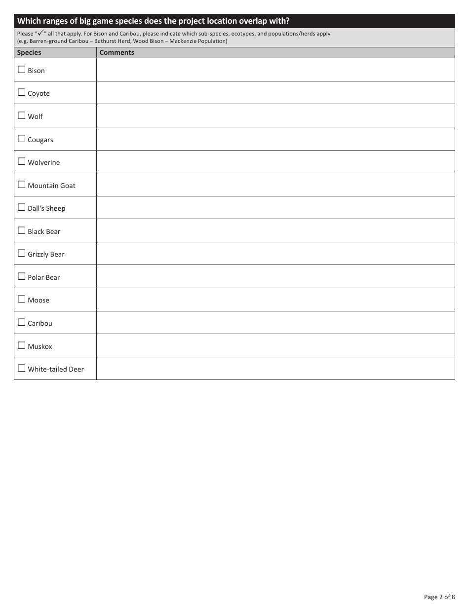 Wildlife Management and Monitoring Plan Screening Questionnaire - Northwest Territories, Canada, Page 4