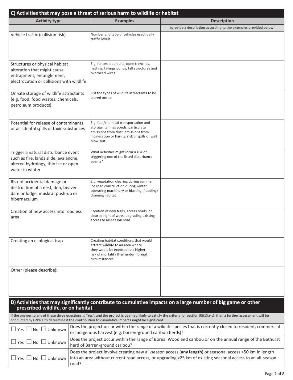 Wildlife Management and Monitoring Plan Screening Questionnaire - Northwest Territories, Canada, Page 9