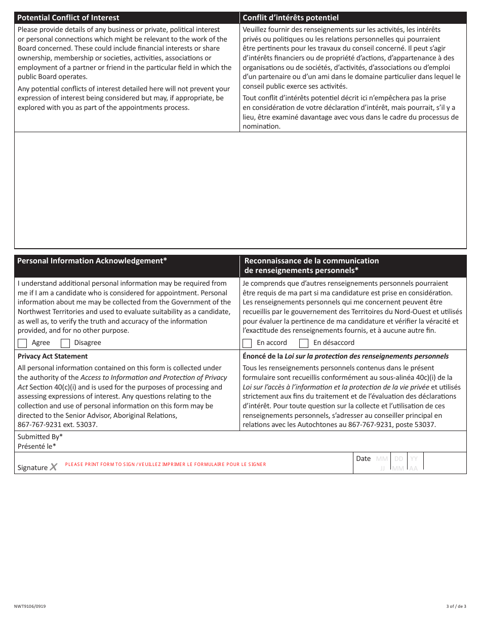 Form NWT9106 Expression of Interest - Northern Resources Management and Advisory Boards, Department of Environment and Natural Resources - Northwest Territories, Canada (English / French), Page 3