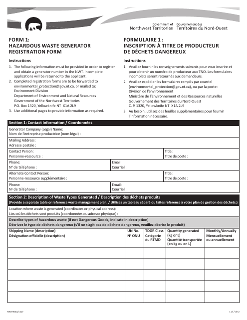 Form 1 (NWT9030) Hazardous Waste Generator Registration Form - Northwest Territories, Canada (English/French)