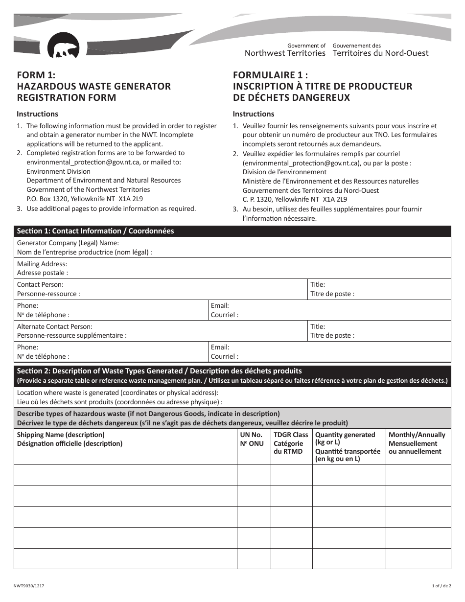 Form 1 (NWT9030) Hazardous Waste Generator Registration Form - Northwest Territories, Canada (English / French), Page 1