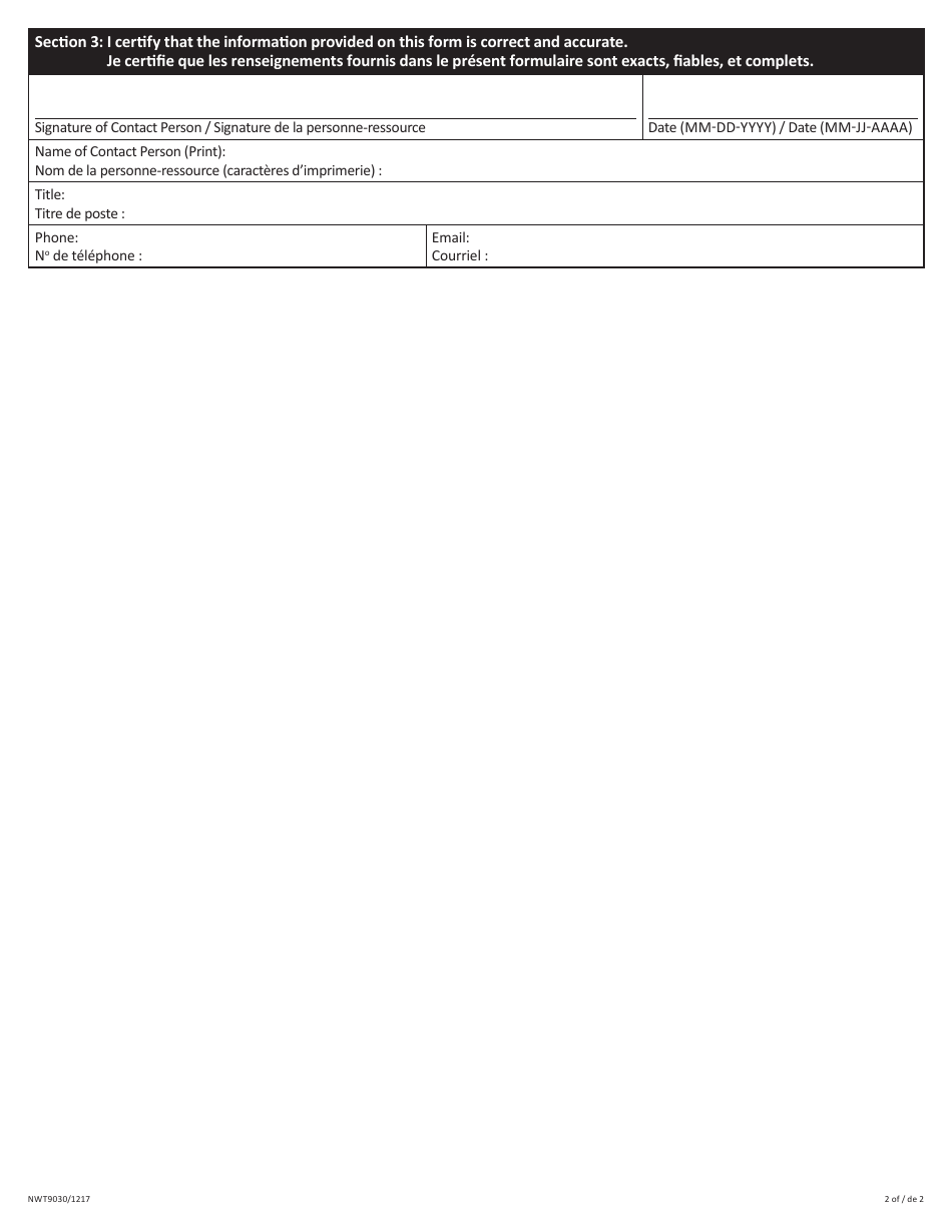 Form 1 (NWT9030) Hazardous Waste Generator Registration Form - Northwest Territories, Canada (English / French), Page 2