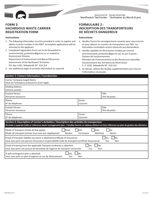 Form 2 (NWT9031) Hazardous Waste Carrier Registration Form - Northwest Territories, Canada (English/French)
