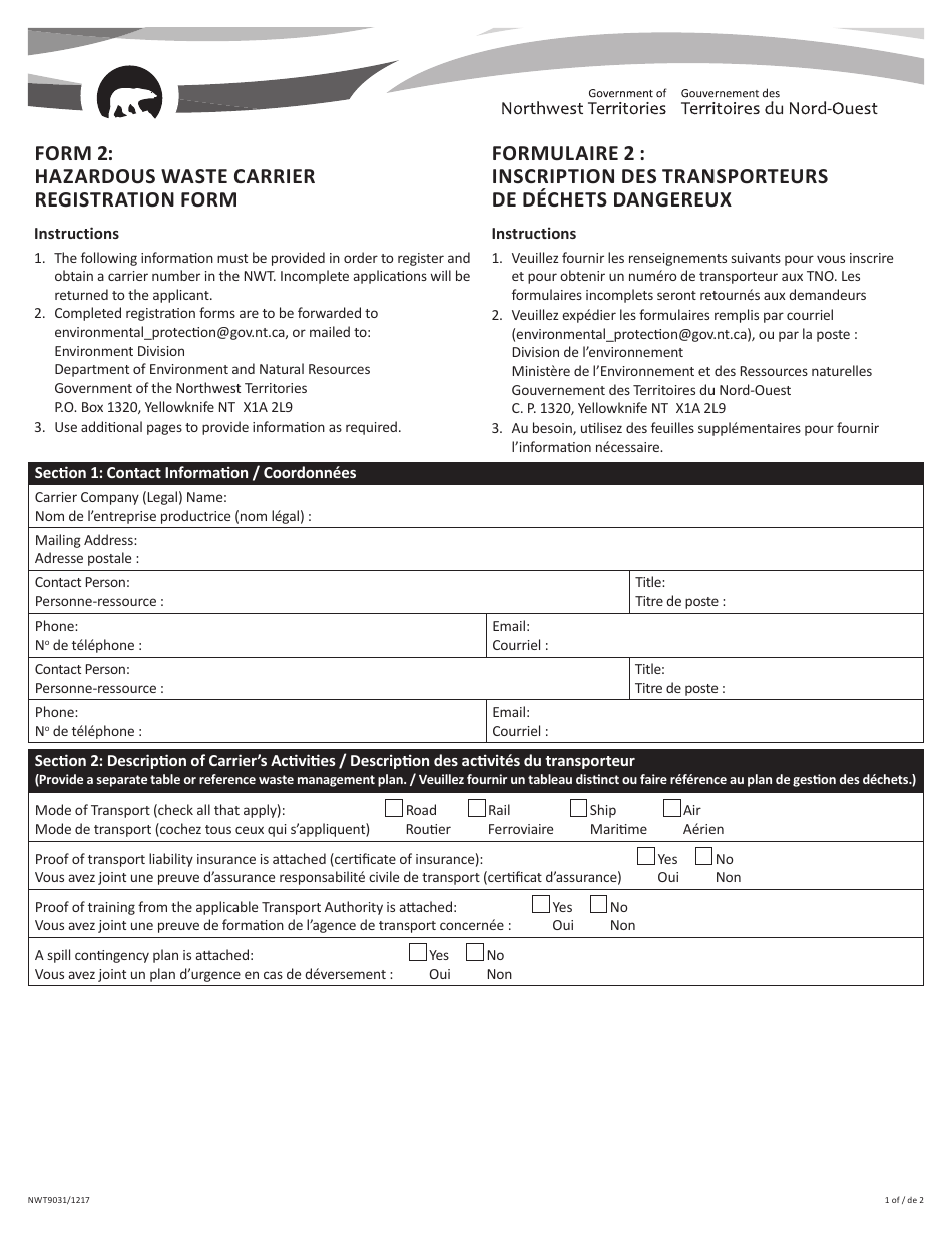 Form 2 (NWT9031) Hazardous Waste Carrier Registration Form - Northwest Territories, Canada (English / French), Page 1