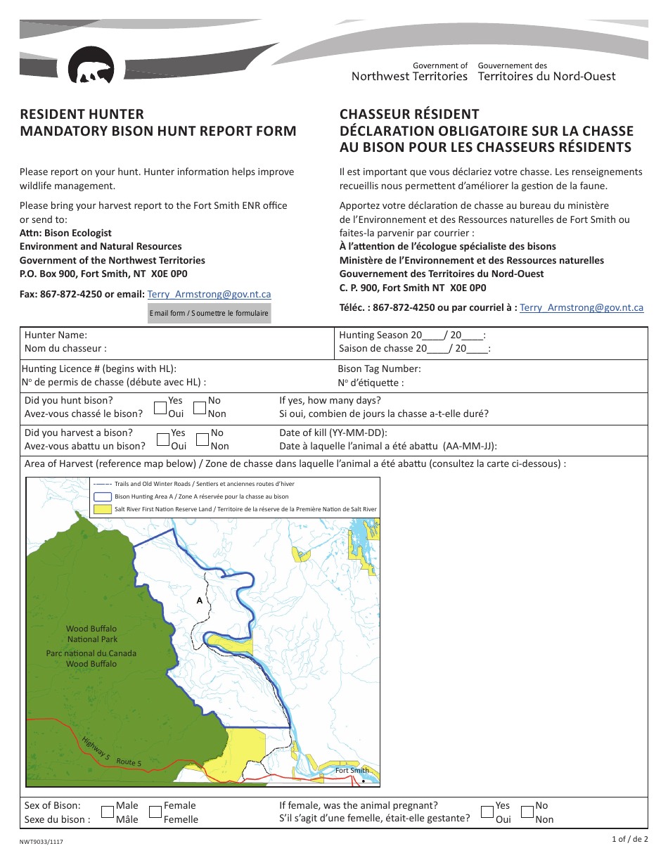 Form NWT9033 Resident Hunter Mandatory Bison Hunt Report Form - Northwest Territories, Canada (English / French), Page 1