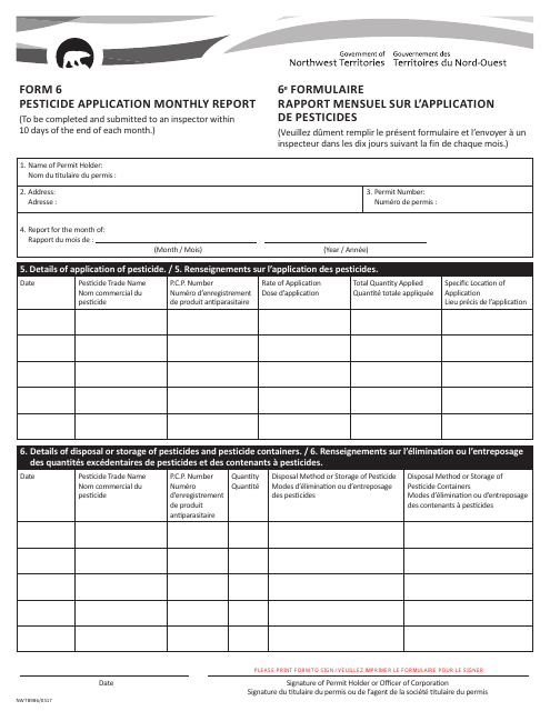 Form 6 (NWT8986) Pesticide Application Monthly Report - Northwest Territories, Canada (English/French)