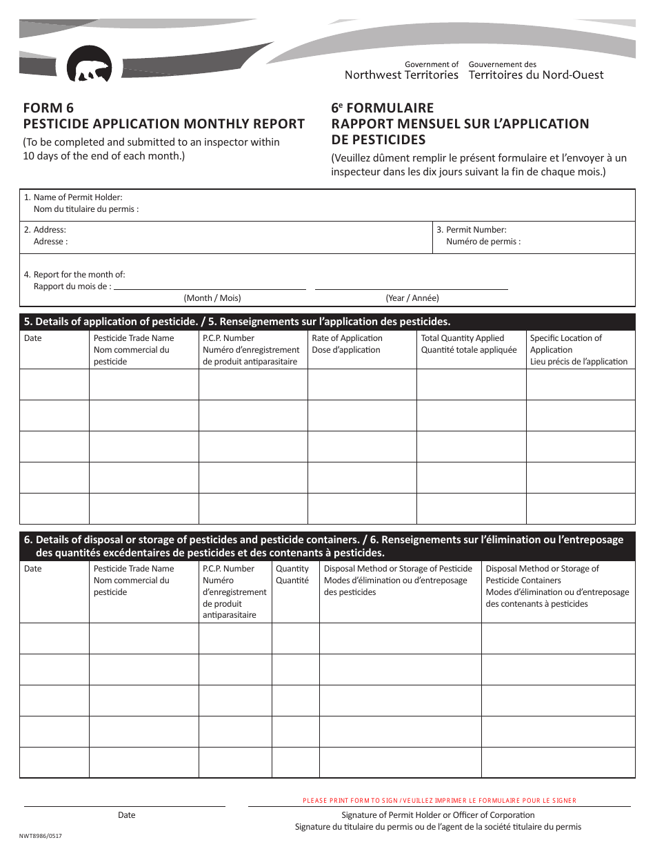 Form 6 (NWT8986) Pesticide Application Monthly Report - Northwest Territories, Canada (English / French), Page 1