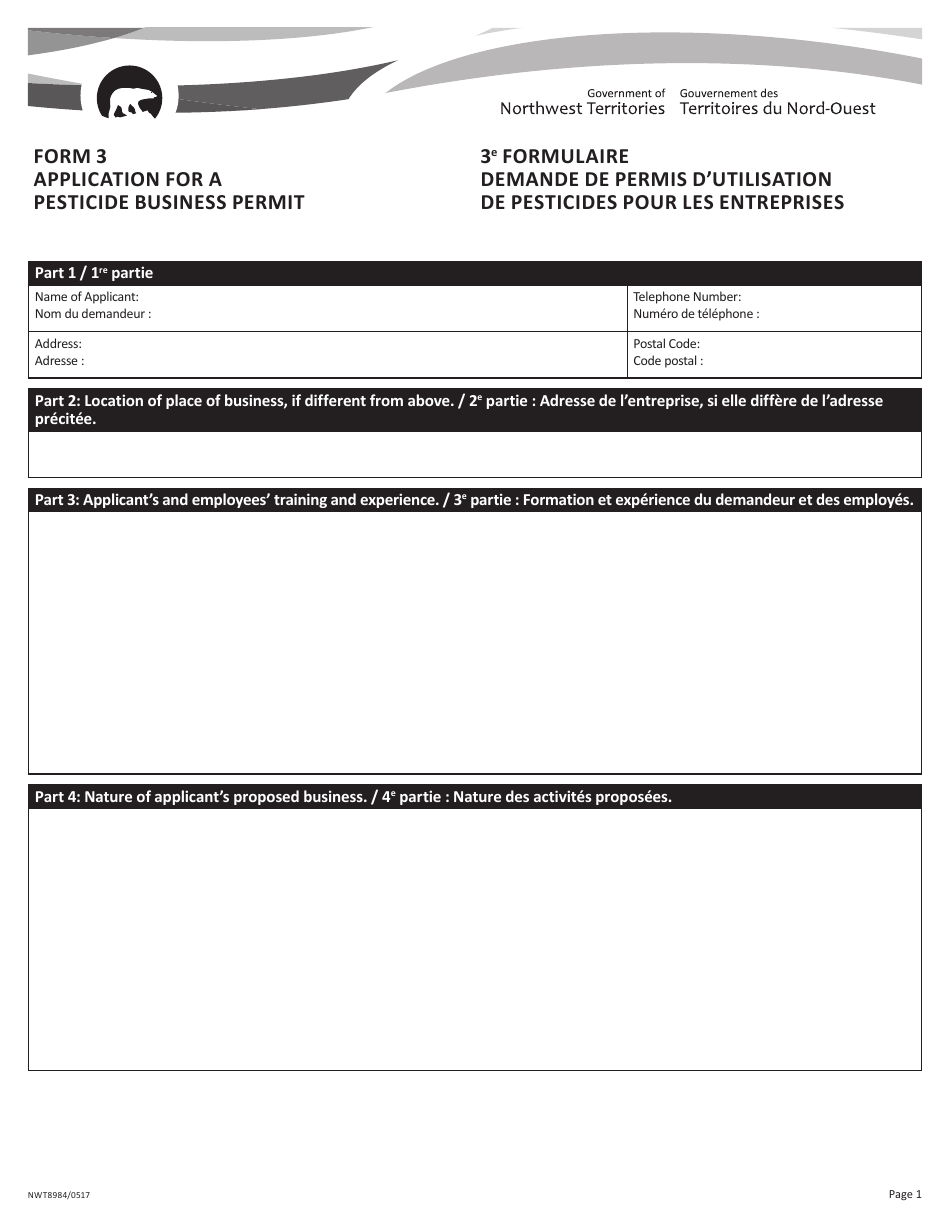 Form 3 (NWT8984) Application for a Pesticide Business Permit - Northwest Territories, Canada (English / French), Page 1