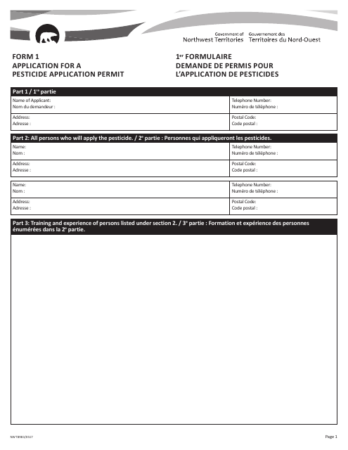 Form 1 (NWT8983) Application for a Pesticide Application Permit - Northwest Territories, Canada (English/French)