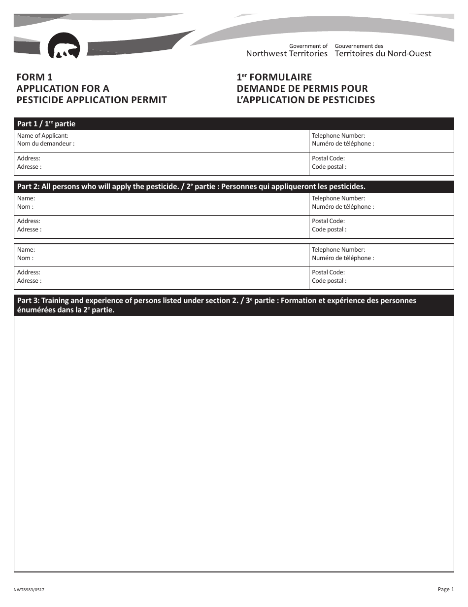 Form 1 (NWT8983) Application for a Pesticide Application Permit - Northwest Territories, Canada (English / French), Page 1